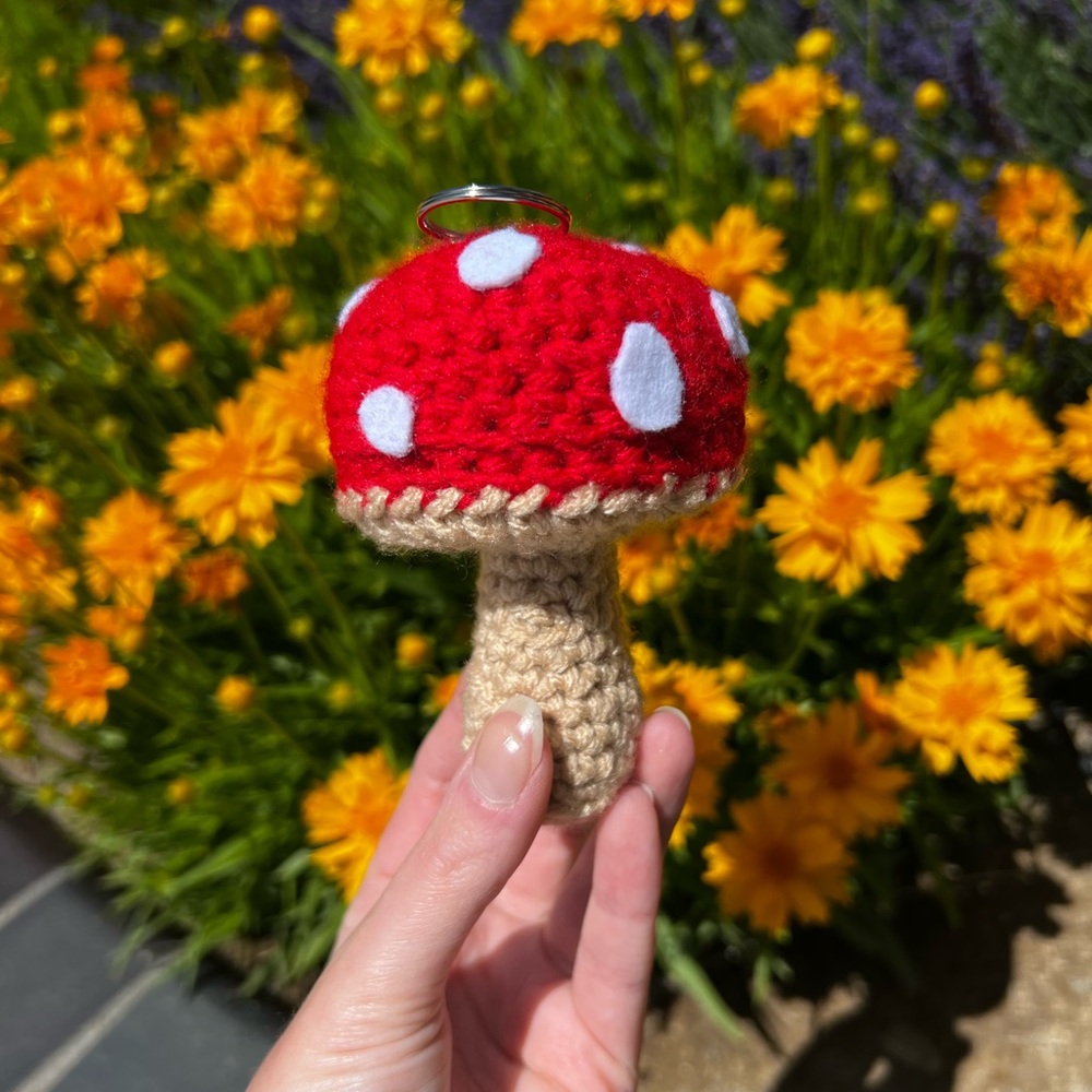 3/$20 Hand Crocheted Whimsical Red Mushroom Bag Charm Keychain! - Picture 5 of 11